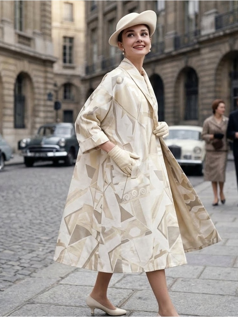 Vintage Audrey Hepburn A-Line Swing coat Shimmer Geometric Neutral Loose